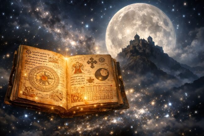 The Stunning Reason Ethiopia is 8 Years Behind the World — AI-generated image of ancient religious book under full moon with mountains