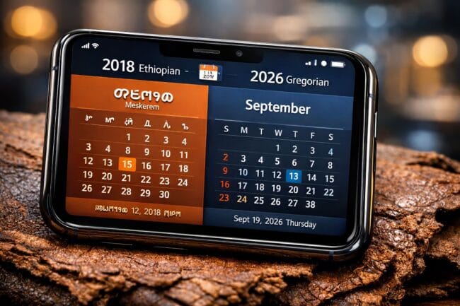 The Stunning Reason Ethiopia is 8 Years Behind the World — AI-generated image of smartphone showing Ethiopian and Gregorian calendars side by side