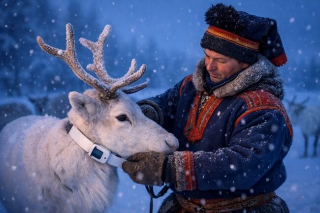 Finland’s Glowing Reindeer: A 2026 Fact Check on Road Safety — AI-generated image of person in traditional winter clothing interacting with reindeer in snowy landscape