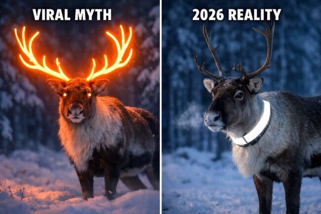 Finland’s Glowing Reindeer: A 2026 Fact Check on Road Safety — AI-generated image comparing glowing antler myth with real glowing collar technology
