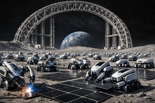 Japan’s Luna Ring: Inside the $10T Lunar Energy Vision — AI-generated image of robotic vehicles building lunar infrastructure with Earth in background
