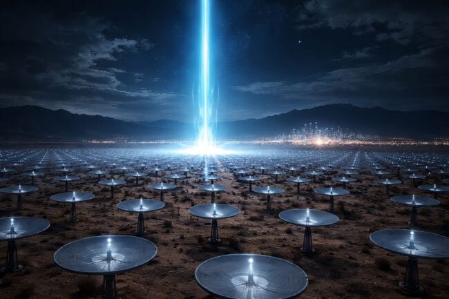 Japan’s Luna Ring: Inside the $10T Lunar Energy Vision — AI-generated image of lunar solar collectors transmitting energy beam to Earth