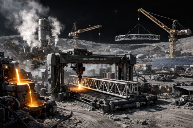 Japan’s Luna Ring: Inside the $10T Lunar Energy Vision — AI-generated image of heavy equipment constructing lunar industrial facility
