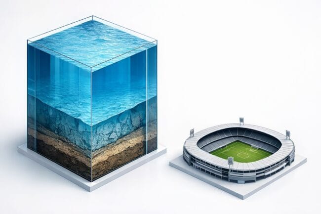 Austria’s 1B Liter Mega Reservoir: A Massive Win for Water — AI-generated image of cubic water volume with stadium scale