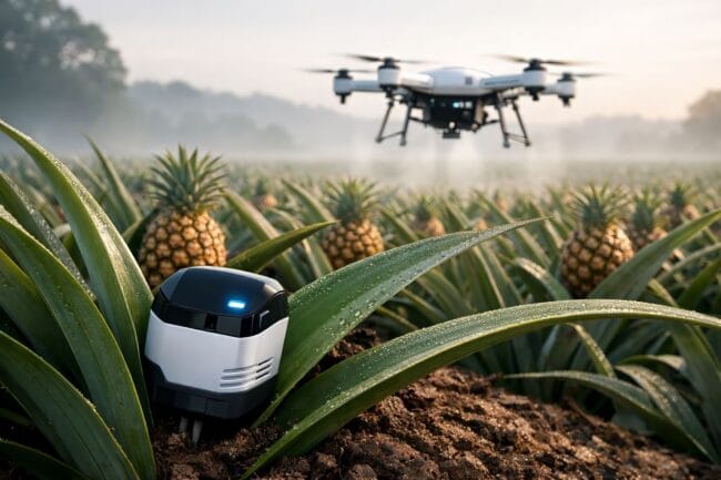 Pineapples: Why 3 Years is Essential for a Superior Crop — AI-generated image of drone flying over pineapple field with robotic device