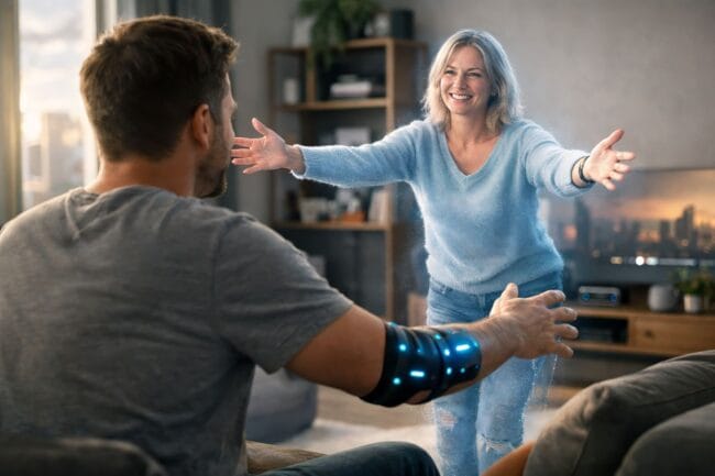 Proven Hugs vs. Illness: Power of Social Support in 2026 — AI-generated image of man using wearable device to interact with holographic woman