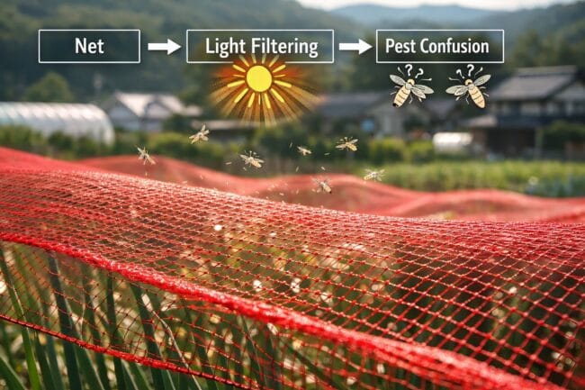 Rainbow Nets: Japan’s Genius Way to Slash Pesticides by 50% — AI-generated image showing labeled diagram of net, light filtering, and pest confusion