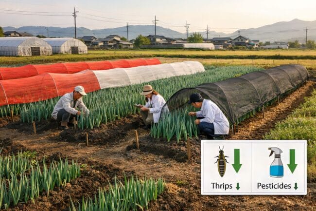 Rainbow Nets: Japan’s Genius Way to Slash Pesticides by 50% — AI-generated image of striped netting over crops with pest and pesticide comparison chart