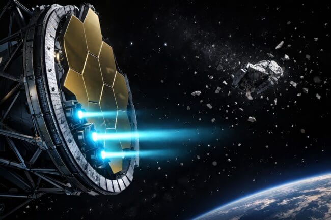 Space Mirror: The Brilliant 2026 Plan to Light Up Our Earth — AI-generated image of space mirror deploying above Earth with debris mitigation beams