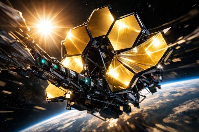 Space Mirror: The Brilliant 2026 Plan to Light Up Our Earth — AI-generated image of spacecraft unfolding golden hexagonal mirrors in orbit