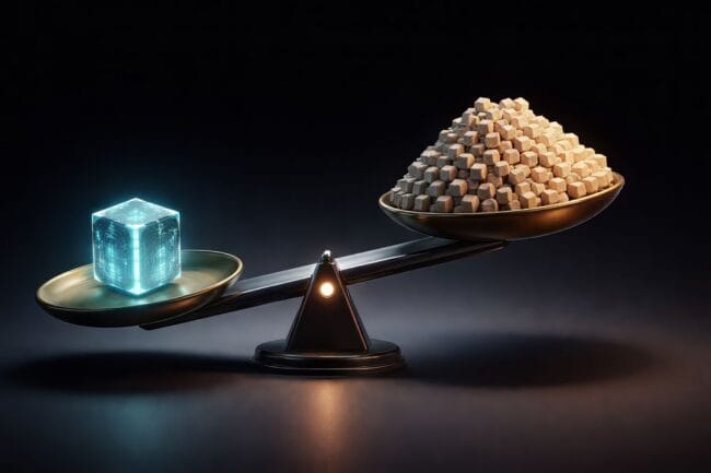 8 Billion and Counting: Can We Build a Sustainable Future? — AI-generated image of balance scale with glowing cube and spheres