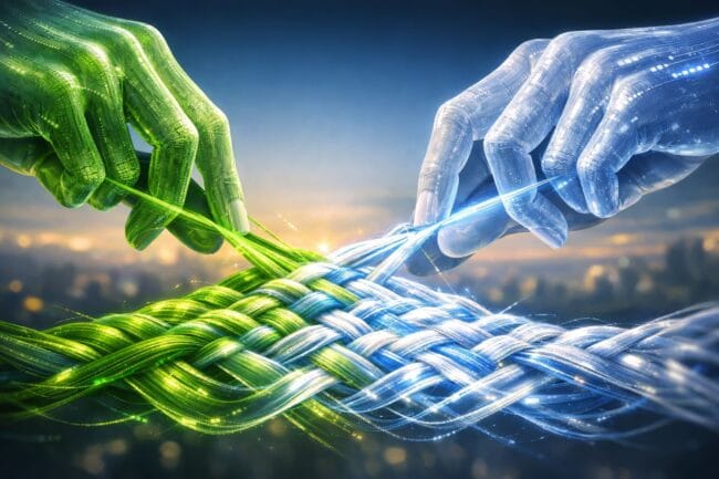 8 Billion and Counting: Can We Build a Sustainable Future? — AI-generated image of two hands weaving threads symbolizing sustainability