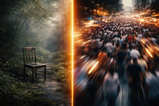 8 Billion and Counting: Can We Build a Sustainable Future? — AI-generated image of blurred crowd moving through glowing divide