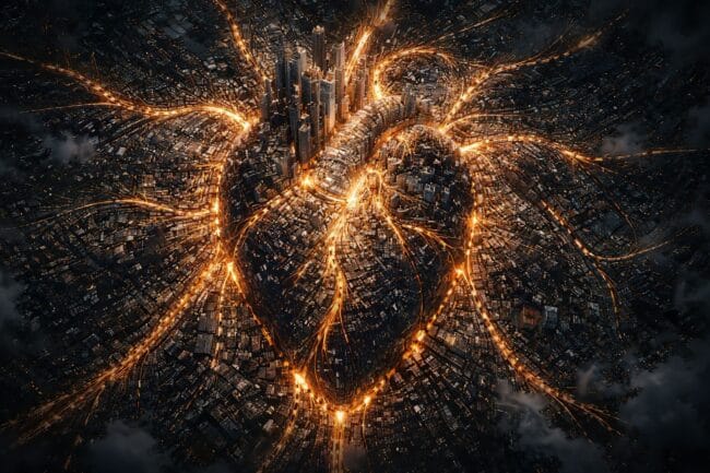 8 Billion and Counting: Can We Build a Sustainable Future? — AI-generated image of glowing cityscape shaped like a heart